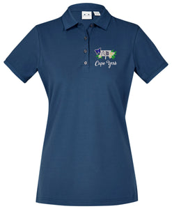 Ladies Mineral Blue Cotton Polo with Ulysses, Tip Sign and frangipanis